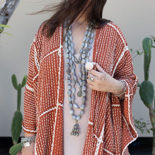 Isa Handmade Hand Crochet Embroidered Stitched Maxi Short Sleeves Kimono Duster Festival Boho Coastal Summer Resort Wear