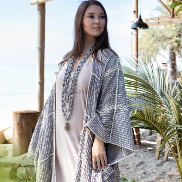 Isa Handmade Hand Crochet Embroidered Stitched Maxi Short Sleeves Kimono Duster Festival Boho Coastal Summer Resort Wear