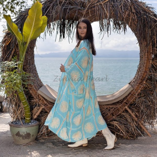 Flora Handmade Crochet Embroidered Maxi Short Sleeves Kimono Duster Abaya Festival Beach Resort Holiday Wear One Size One Plus Size - Image 2