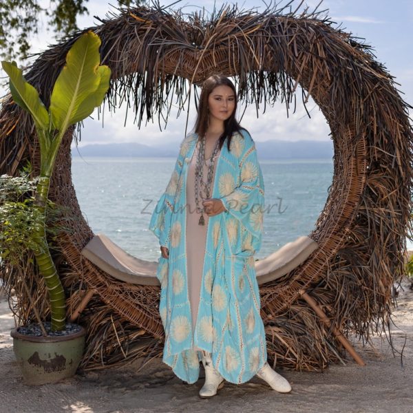 Flora Handmade Crochet Embroidered Maxi Short Sleeves Kimono Duster Abaya Festival Beach Resort Holiday Wear One Size One Plus Size