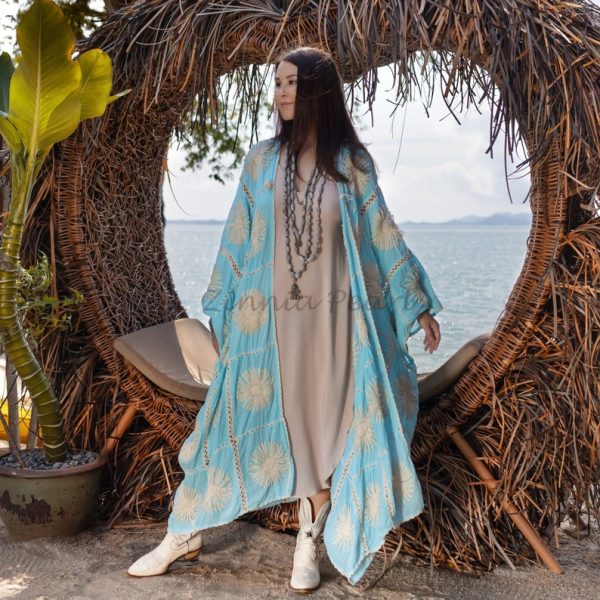 Flora Handmade Crochet Embroidered Maxi Short Sleeves Kimono Duster Abaya Festival Beach Resort Holiday Wear One Size One Plus Size - Image 3