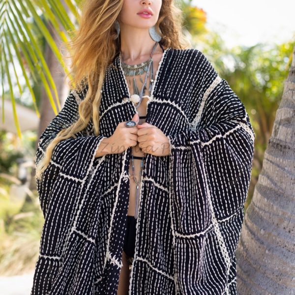 Isa Handmade Crochet Stitch Embroidered Long Sleeves Kimono Duster Festival Beach Resort Holiday Wear One Size One Plus Size - Image 4