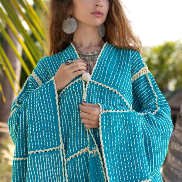 Isa Handmade Crochet Stitch Embroidered Long Sleeves Kimono Duster Festival Beach Resort Holiday Wear One Size One Plus Size - Image 5