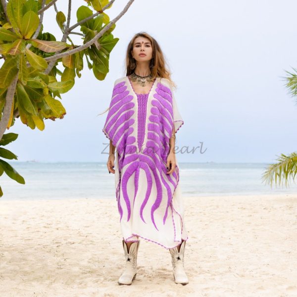 Oceano Kaftan Tunic Maxi Dress Top One Size One Plus Size XXXL Hand Embroidery Crochet Handmade Summer Vacation Beach Coverup