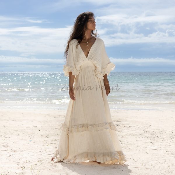 Beata Boho Wedding Dress raw cotton maxi dress pullover engagement resorts vacation regular size plus size relaxed fit classic elegant