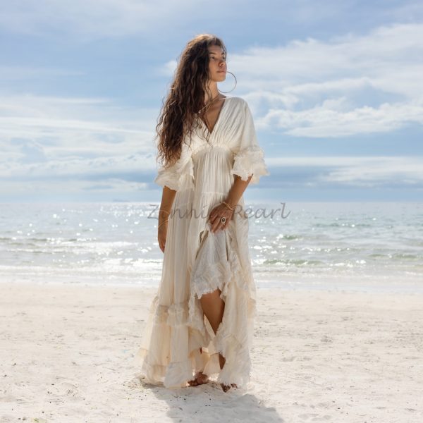 Beata Boho Wedding Dress raw cotton maxi dress pullover engagement resorts vacation regular size plus size relaxed fit classic elegant