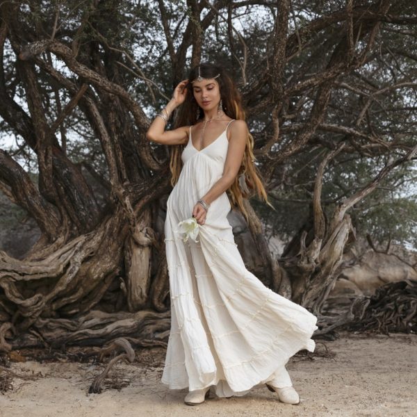 Savita Wedding Dress Boho Beach Engagement Bridal Gown Bohemian Festival Smock Maxi Dress Elegant Minimalist Classic Raw Cotton One Size - Image 4