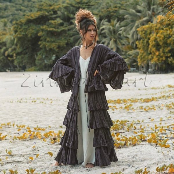 Bali Boho Hippie Maxi Tiered Ruffled Duster Kimono Festival Beach Holidays Wedding Cardigan Summer Autumn Fall Regular Size ONE PLUS SIZE