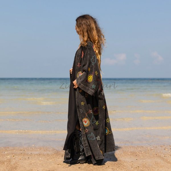 Kosmos-Celestial Vibes: Handcrafted Denim Kimono Patchwork Duster - Boho Statement Piece- Inclusive Sizing - Plus Size Perfection!" - Image 3