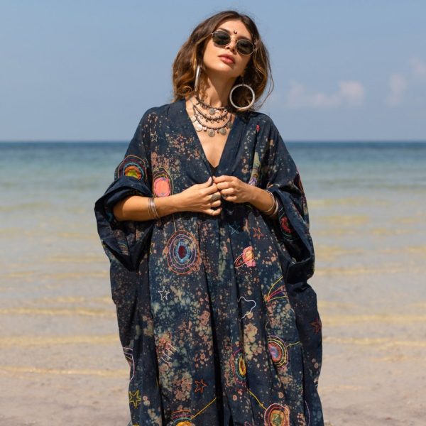 Kosmos-Celestial Vibes: Handcrafted Canvas Cotton Kimono Patchwork Duster - Boho Statement Piece- Inclusive Sizing - Plus Size Perfection!"