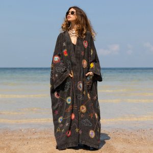 Kosmos-Celestial Vibes: Handcrafted Denim Kimono Patchwork Duster - Boho Statement Piece- Inclusive Sizing - Plus Size Perfection!"