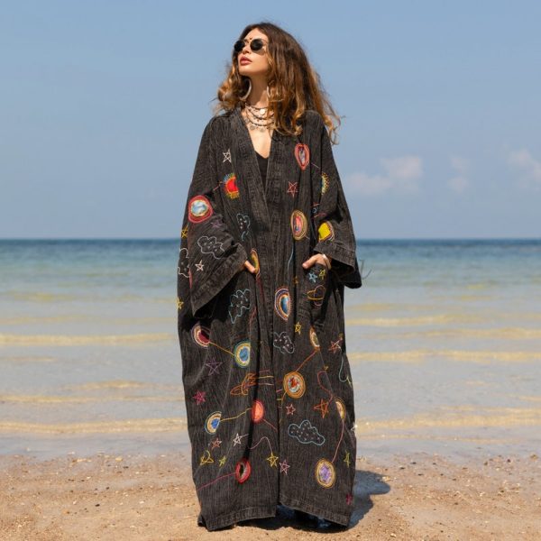 Kosmos-Celestial Vibes: Handcrafted Denim Kimono Patchwork Duster - Boho Statement Piece- Inclusive Sizing - Plus Size Perfection!"