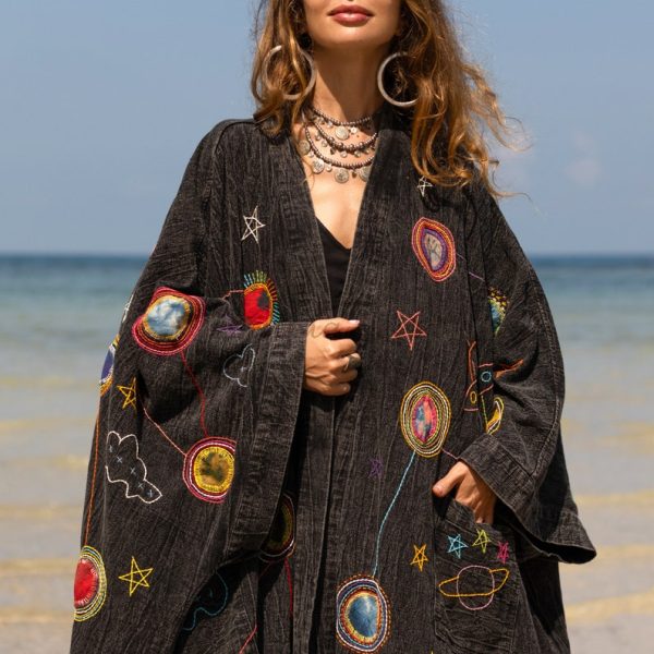 Kosmos-Celestial Vibes: Handcrafted Denim Kimono Patchwork Duster - Boho Statement Piece- Inclusive Sizing - Plus Size Perfection!"