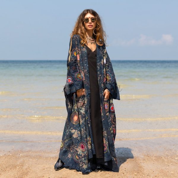 Kosmos-Celestial Vibes: Handcrafted Canvas Cotton Kimono Patchwork Duster - Boho Statement Piece- Inclusive Sizing - Plus Size Perfection!"