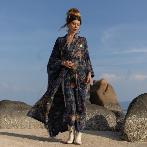 Kosmos-Celestial Vibes: Handcrafted Canvas Cotton Kimono Patchwork Duster - Boho Statement Piece- Inclusive Sizing - Plus Size Perfection!"