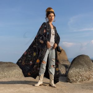 Kosmos: Boho Patchwork Denim Kimono Duster Hand-Embroidered Stonewash and Tie-Dye Festival Statement Piece Boho Chic Inclusive Sizing to 5X